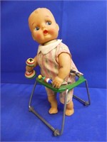 Vintage Windup Tin Rubber Baby In Walker  Working