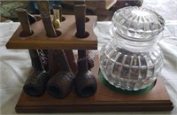 Vintage Wood 6 Pipe Rack w/Glass Humidor Jar