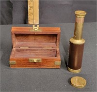 Telescope Brass and Leather 6" In Wood Box