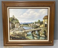 Country Town River Scene Oil Painting on Canvas