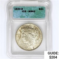 1922-D Silver Peace Dollar ICG MS63