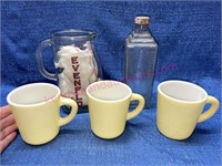 Old Evenflo pitcher -Esco bottle -Hazel Atlas mugs