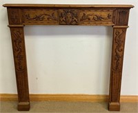 BEAUTIFUL CARVED OAK MANTLE W CARVED CRESTS