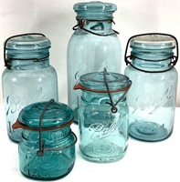 5 Ball Ideal Aqua Glass Mason Jars w/ Glass Lids