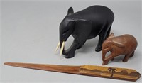 Two Small Wood Elephants & Wood Letter Opener