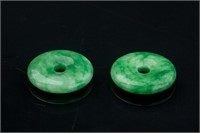 Pair Chinese Green Hardstone Round Pendant