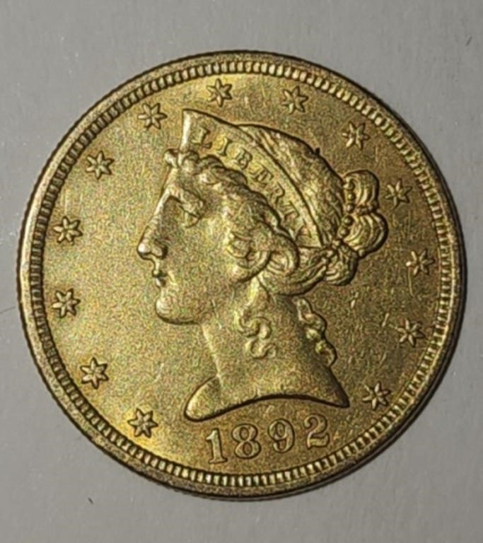 1892 US $5 Gold XF – better date, low mintage