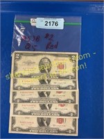 5- 1953 B red $2 bills