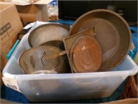 Tote of misc. tins, strainers