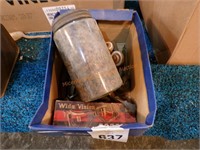 Box w/ old caster wheels, old mason jar