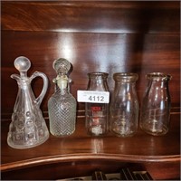 3 Vintage Glass Milk Bottles & 2 Cruets