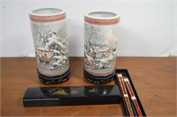 Two Japanese Vases & Abalone Inlay Chop Sticks