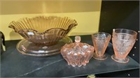Pink glassware - cake plate, serving bowl, four