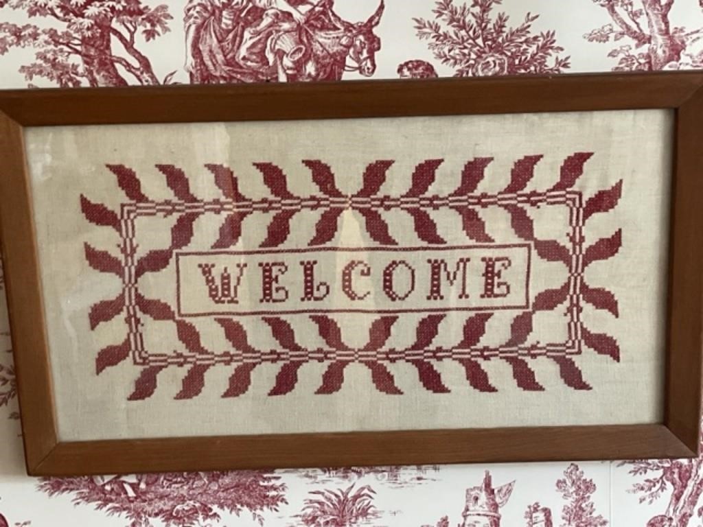 Framed Red Welcome Sign Handmade Cross Stitch