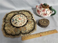Asian Decor Lot Chinese Pottery Teapot, Tapestries