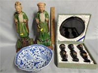 Asian Decor: Pottery Sculptures, Lacquer Drink Set