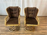 Pair Mid Century Rattan Swivel Armchairs