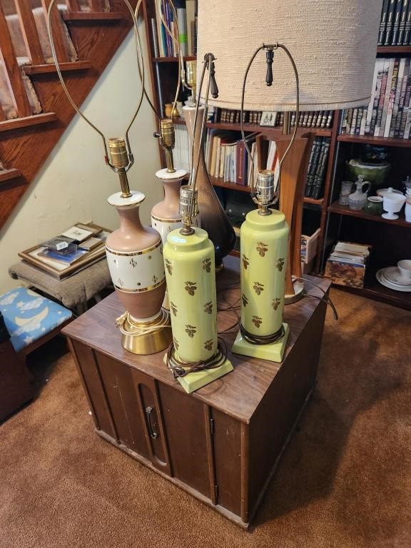 Wood side table & unique lamps.