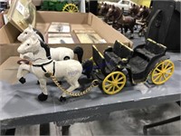 Cast iron horses w/ wagon, 11" long