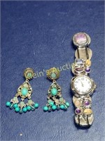 Jeweled Watch And Faux Turquoise Earring