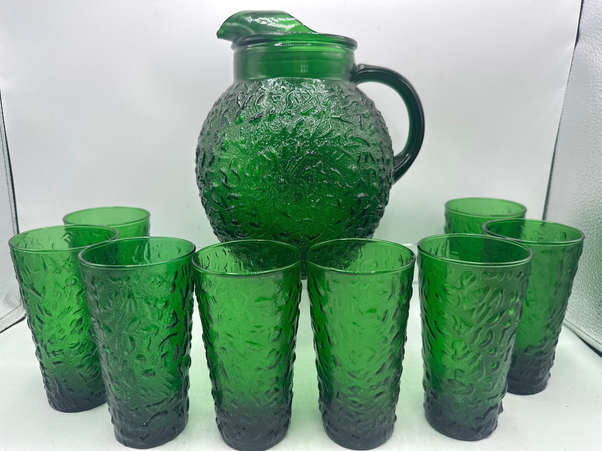 Vintage green glass pitcher and tumblers