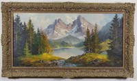 ILLEGIBLY SIGNED GERMAN MOUNTAIN LAKE PAINTING