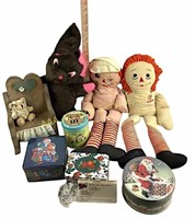 Raggedy Ann & Andy dolls.  Recipe tin with cards