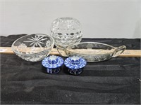 Candle holders, glass relish dish