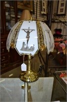 Christ on Crucifix Glass and Brass Table Lamp