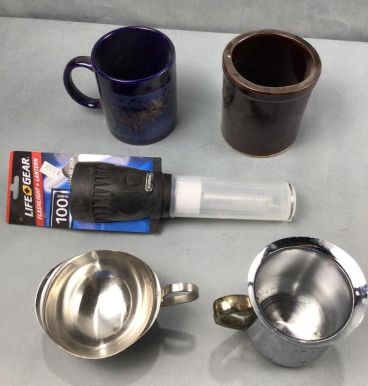 Flashlight, mug, dark brown pottery, 2 stainless
