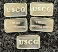 (5) 1 Gram .999 Silver Bars - USCG