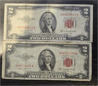 (2) U.S. 1953-B Red Seal $2 Notes