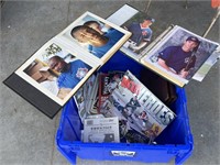 Blue tote w/ autographed baseball pictures, misc