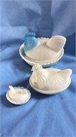 3 milk glass chickens in a nest covered jars, one