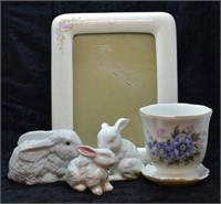 5 pcs. Porcelain Bunnies, Planter & Frame