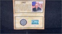 1945 Silver Walking Liberty Half Dollar & Stamp