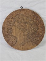 10" Round Carved Wood Lady with Flowers in Hair