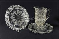 EAPG Pressed White Platters & Yellow Tone Pitcher