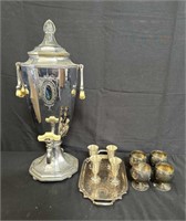 Silver plate coffee urn, snifters and tray with