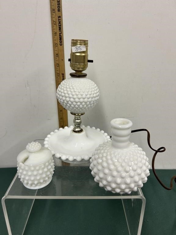 Vintage Milk Glass Lot-Lamp, jelly jar, perfume