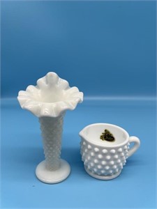 Fenton Hobnail Milk Glass Sm. Vase & Creamer