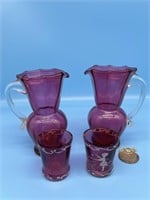 2 Small Cranberry Art Glass Pitchers & 2 Shots