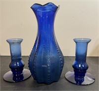 Coblat Blue Vase and Candle Holders
