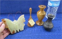 carved marble butterfly & 3 small wooden items