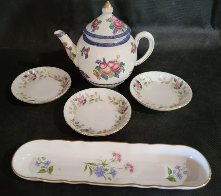 VTG Porcelain Olive Dish, Butter Pats & Teapot