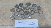 20 Buffalo/Indian Head 1936/1937 Nickels. *SC