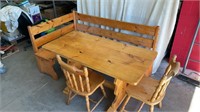 Rustic Pine Table w Wrap Around Bench and 2 Chairs