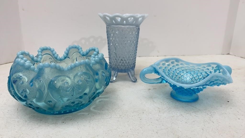 Fenton Opalescent Blue Bowls & Vase