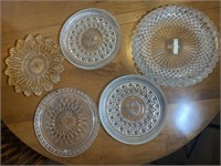 1 Cake Plate and 4 Glass Serving Trays