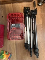 Two camera tripods & battery storage case